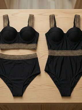 SHEIN Black One-Piece Swimsuit with Gold Trim Bathing Suit Bundle